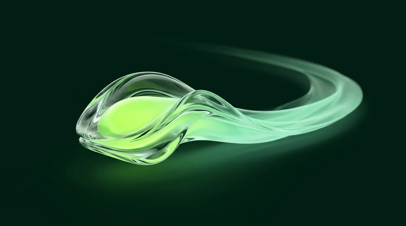 Forme de verre translucide en mouvement laissant une traînée lumineuse verte, illustration abstraite d'un agent autonome