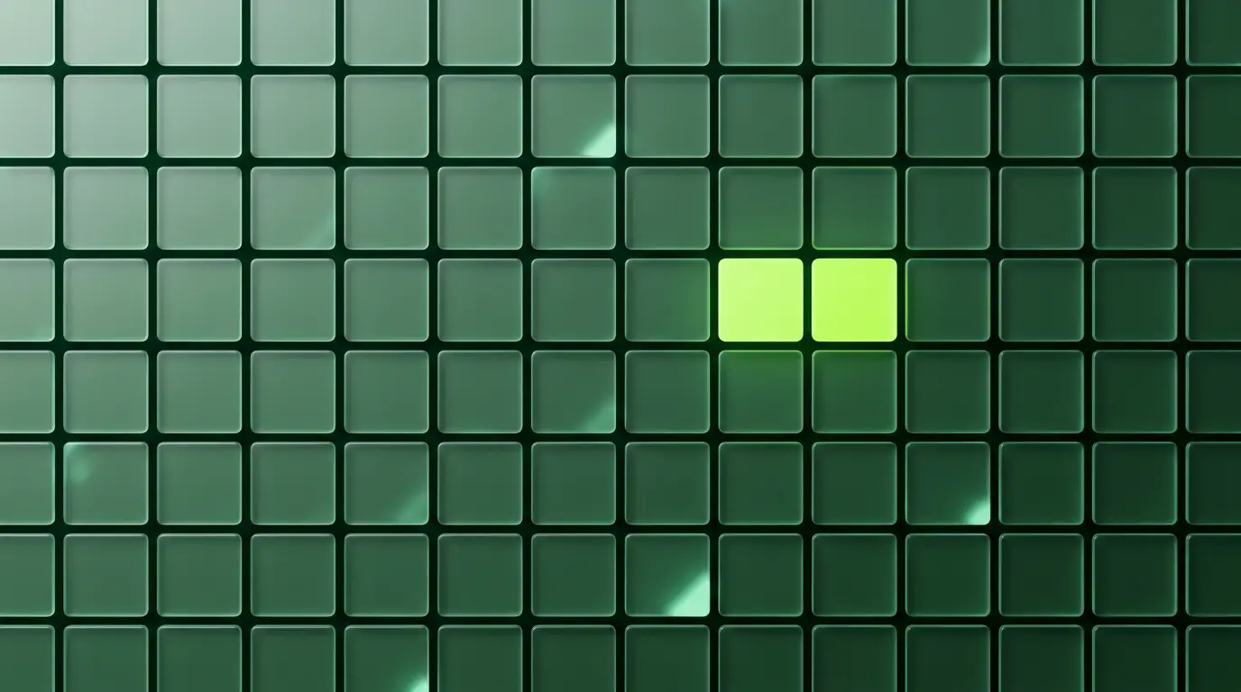Grille de tuiles de verre translucide dont une brille en vert lime, illustration abstraite d'une inspection méthodique