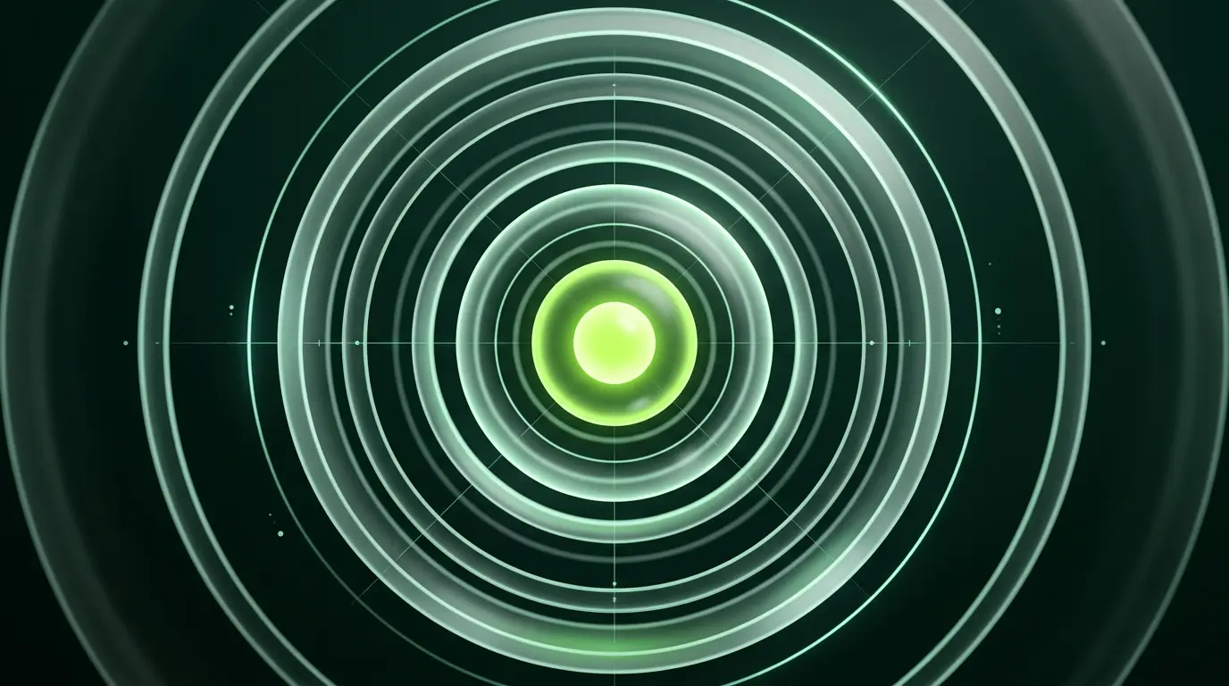 Anneaux de verre concentriques s'écartant d'un cœur lumineux vert lime, illustration abstraite d'une mesure par balayage
