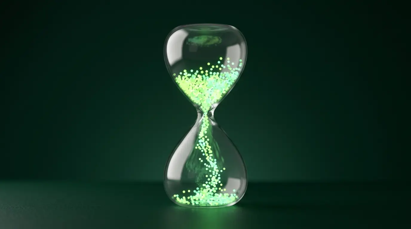 Sablier de verre translucide traversé de particules lumineuses vertes, illustration abstraite du temps récupéré