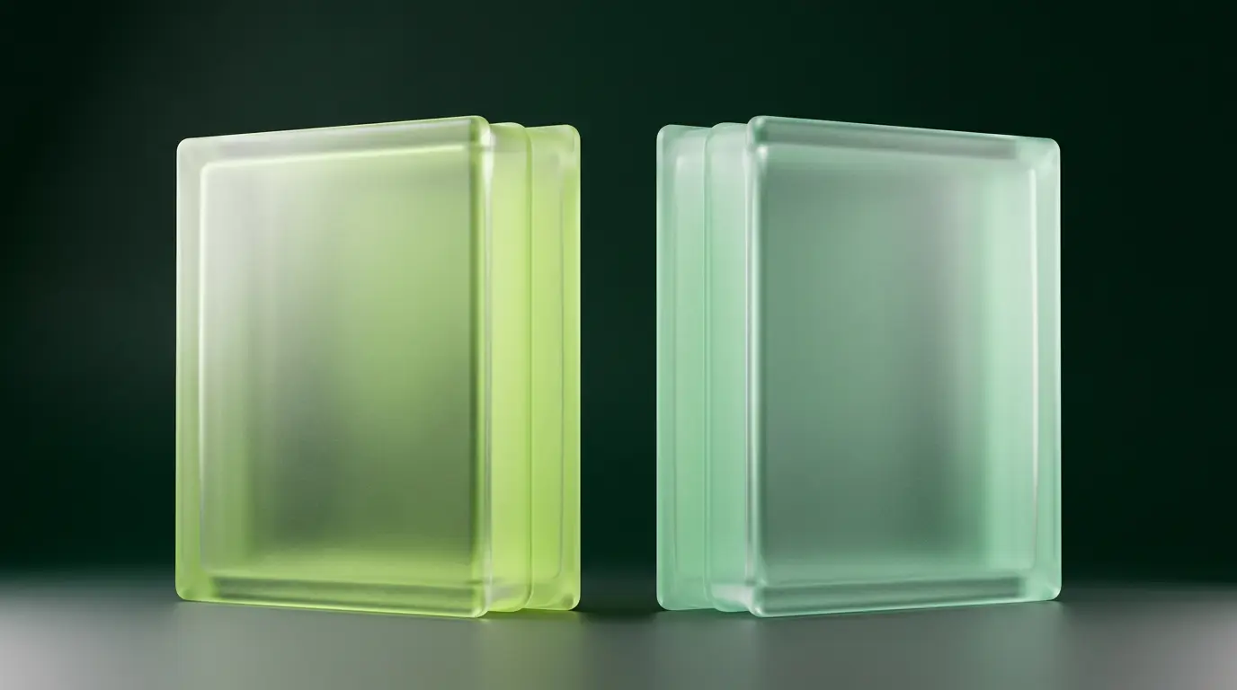 Deux blocs de verre dépoli face à face, l'un lime l'autre menthe, symbolisant la comparaison entre Claude et ChatGPT