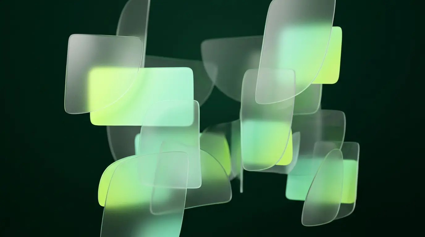Panneaux de verre translucides superposés en vert lime et menthe, illustration abstraite de l'assistant Claude AI