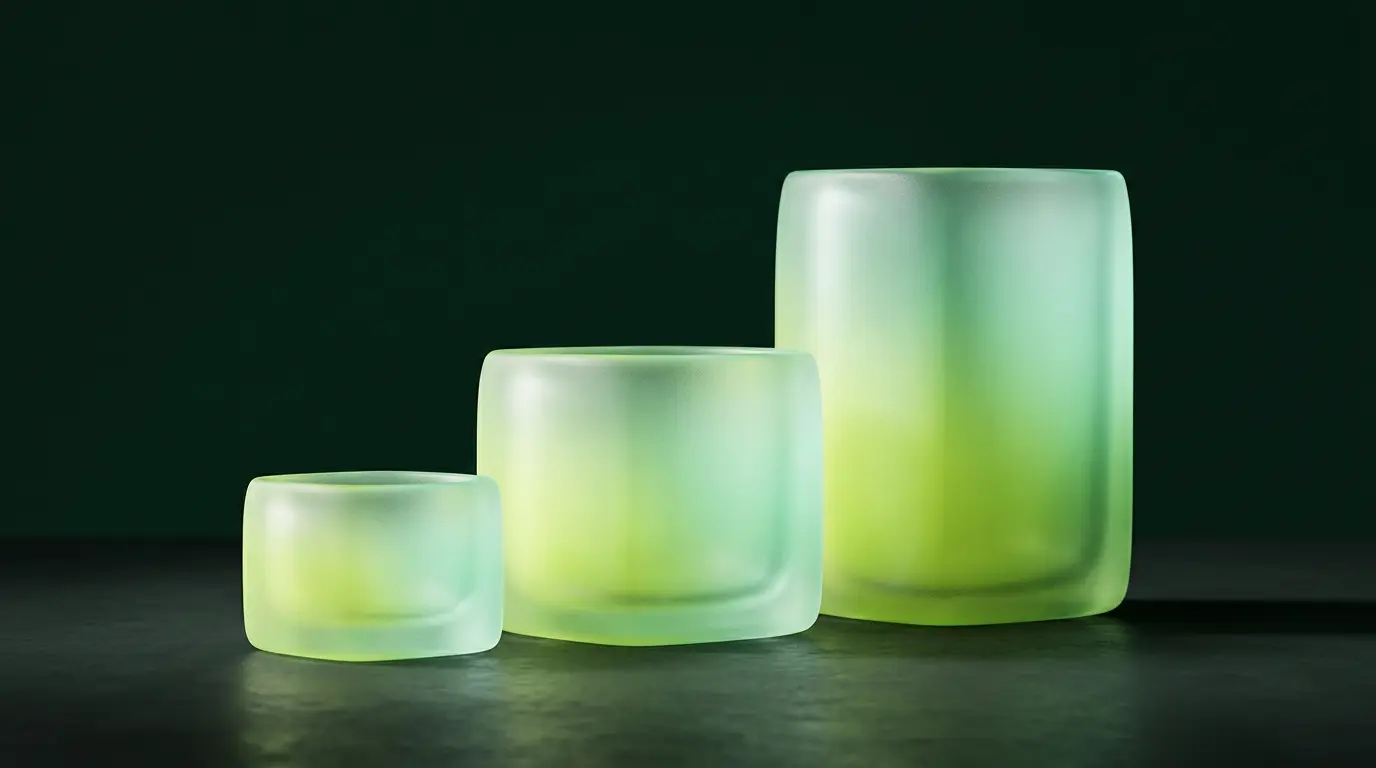 Trois volumes de verre dépoli de tailles croissantes, symbolisant la gamme de modèles Claude