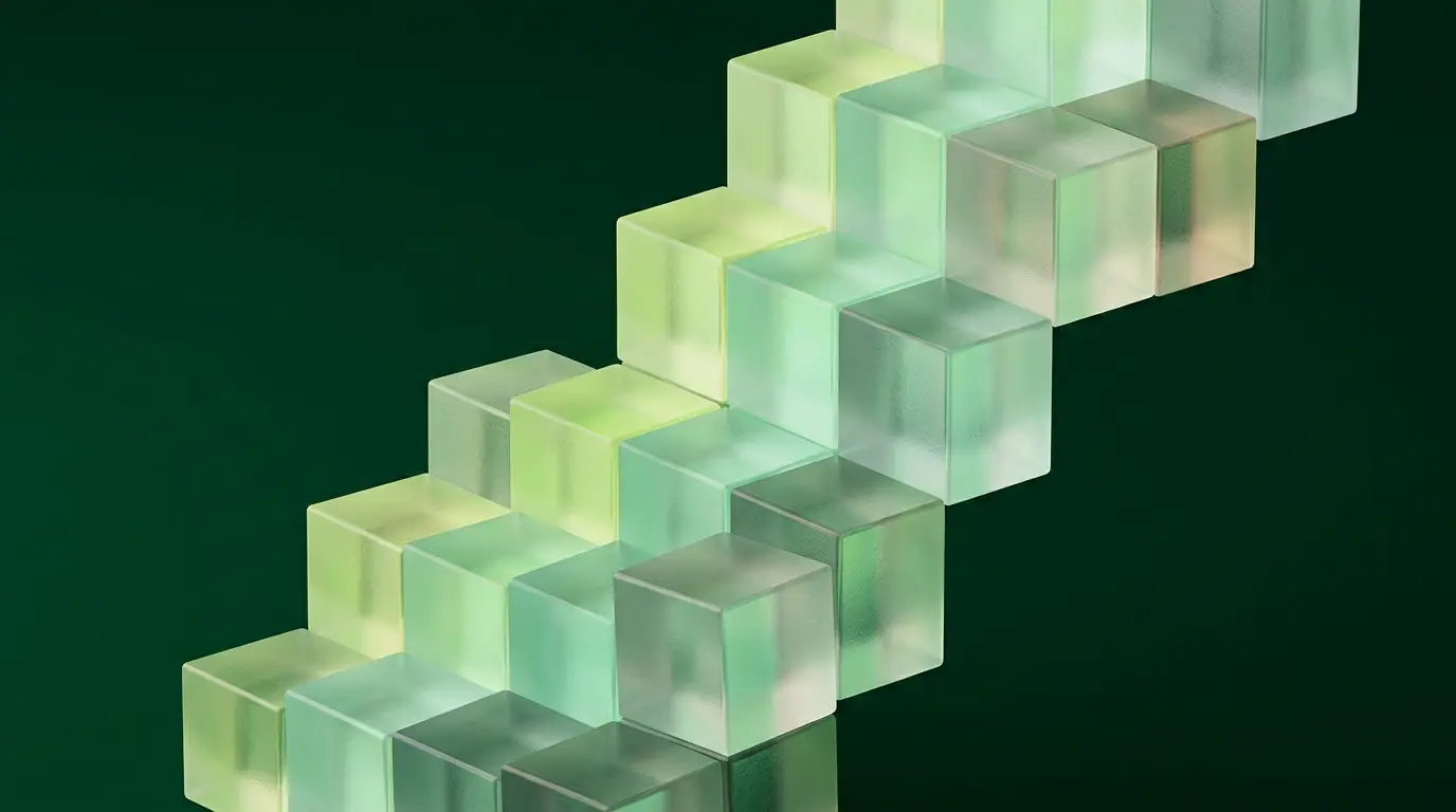 Blocs de verre translucide disposés en escalier descendant, illustration abstraite d'une construction structurée