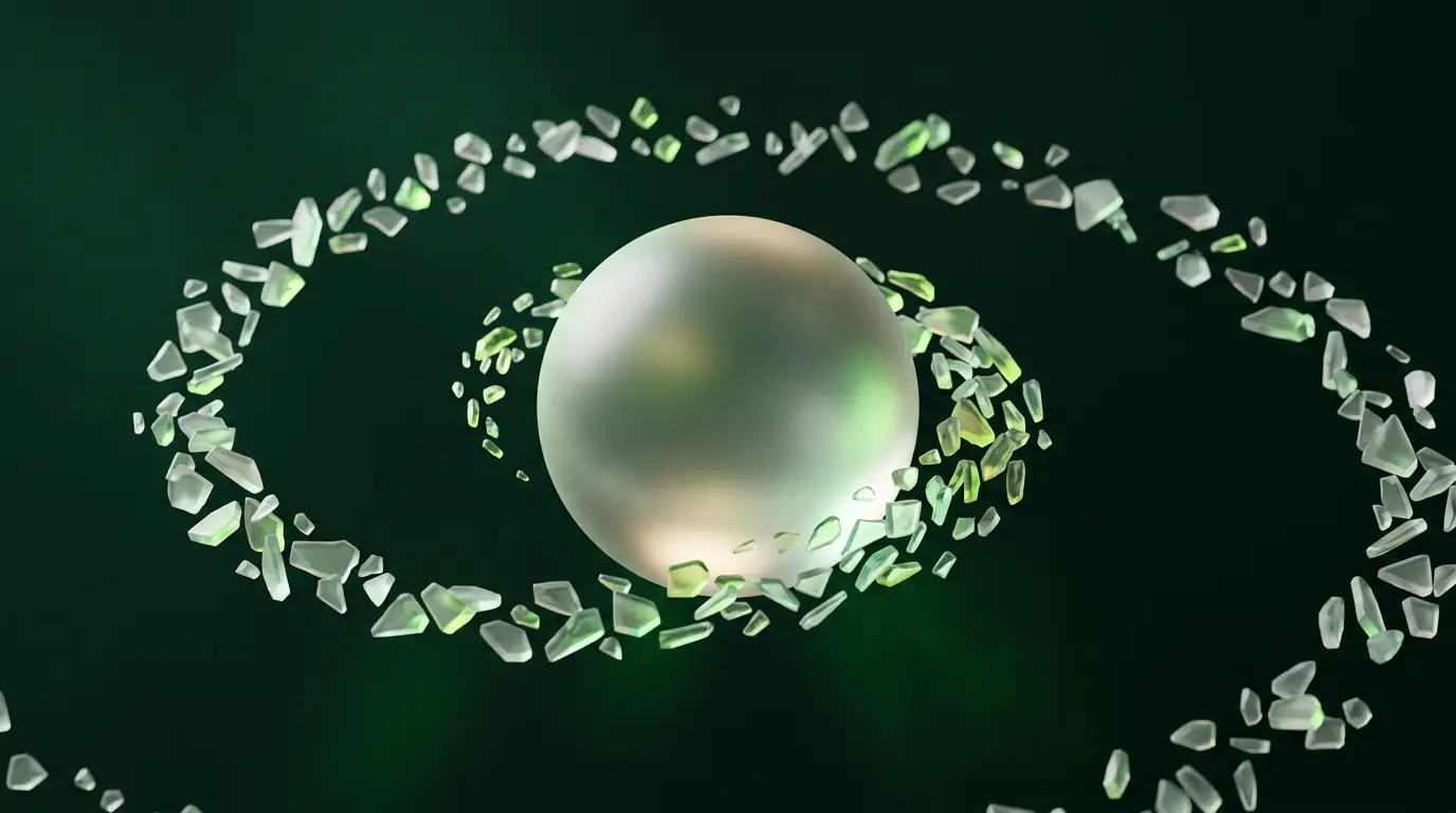 Sphère de verre translucide entourée d'éclats convergents, illustration abstraite de la sélection des sources par les moteurs de réponse
