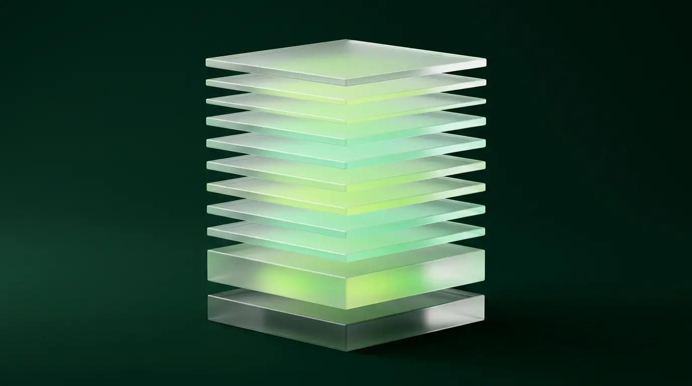 Couches de verre translucide empilées, illustration abstraite d'un contenu structuré en blocs extractibles
