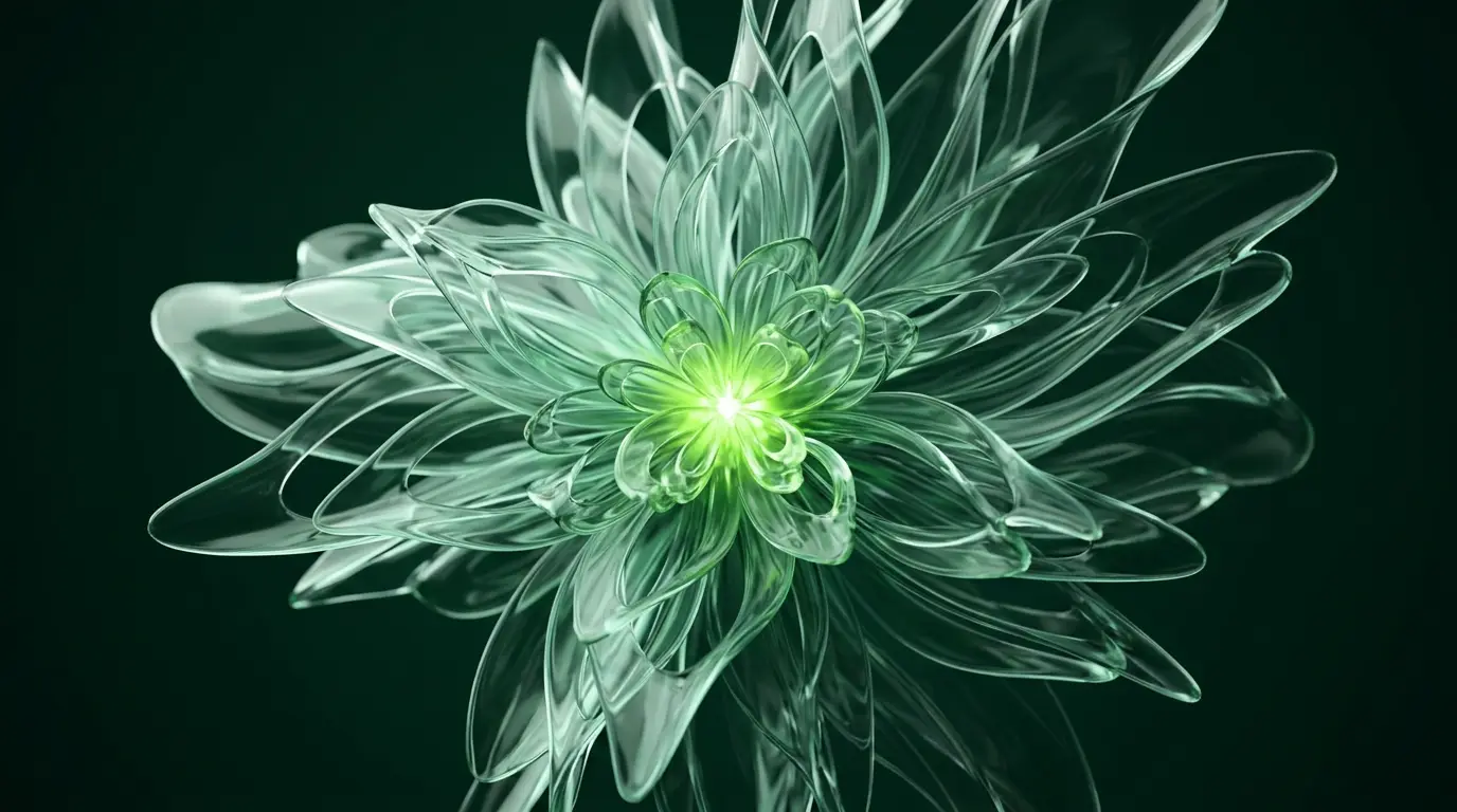 Formes de verre translucide s'épanouissant depuis un point lumineux vert lime, illustration abstraite de la génération de contenu