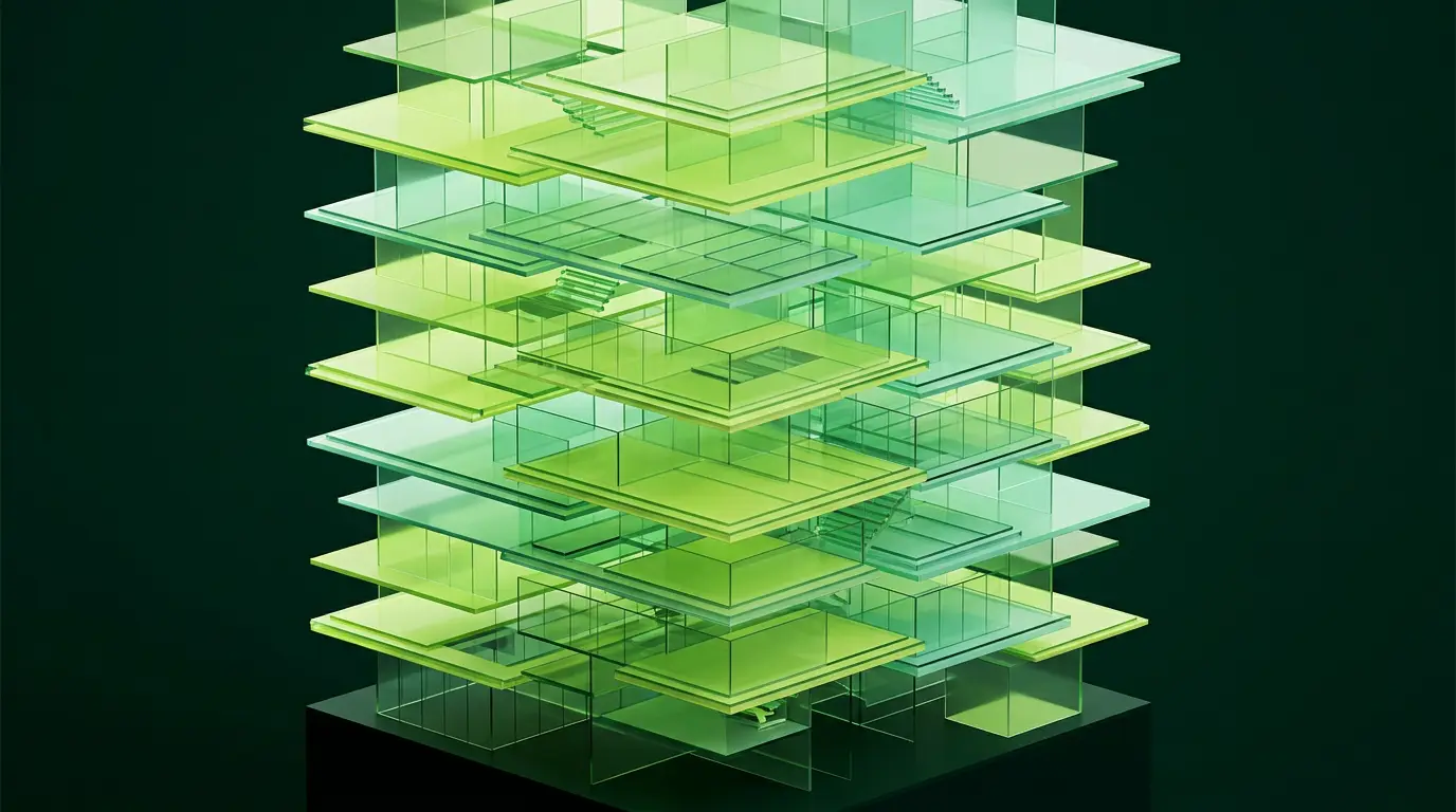 Illustration abstraite de panneaux de verre empilés en étages, image d'un déploiement en entreprise