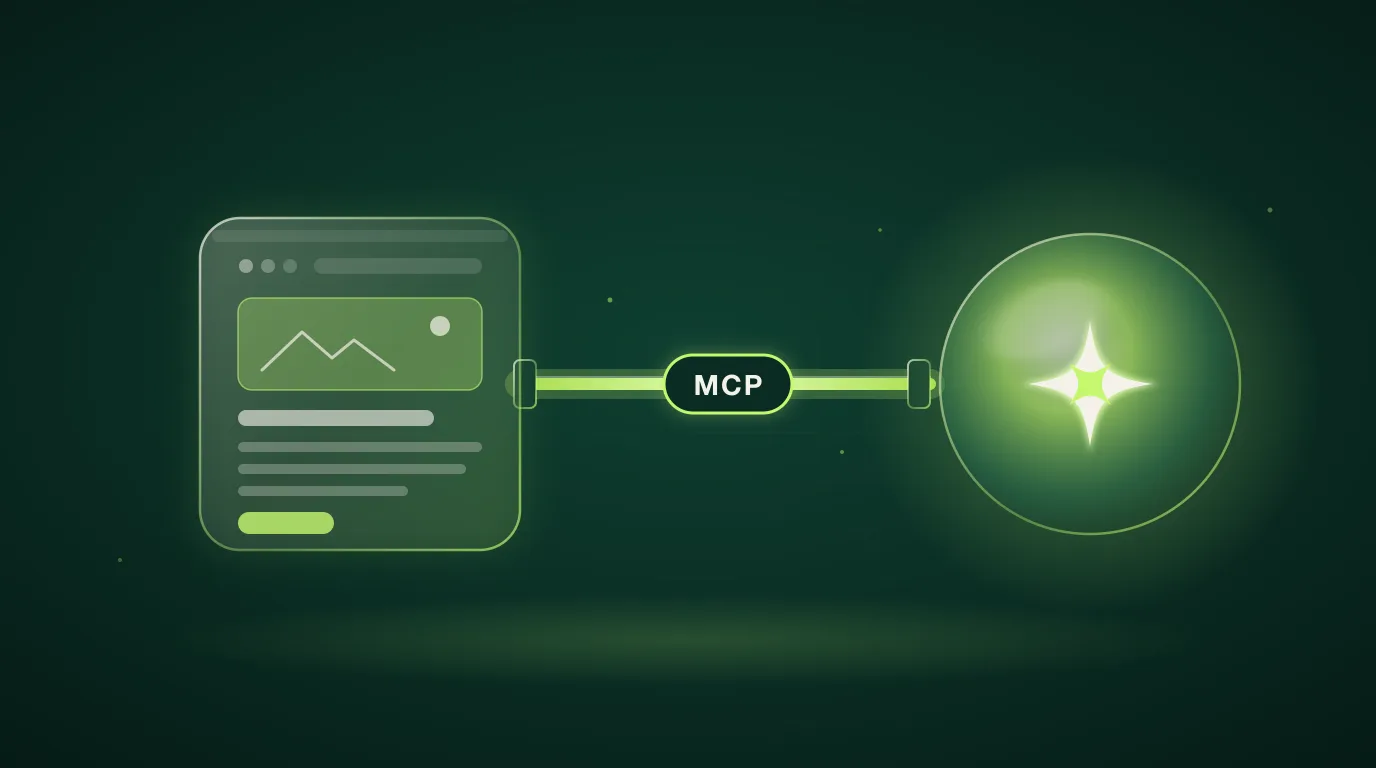Une maquette de site web en verre reliée par un tube lumineux vert lime marqué MCP à une sphère étincelante, illustration d'un site WordPress branché sur Claude