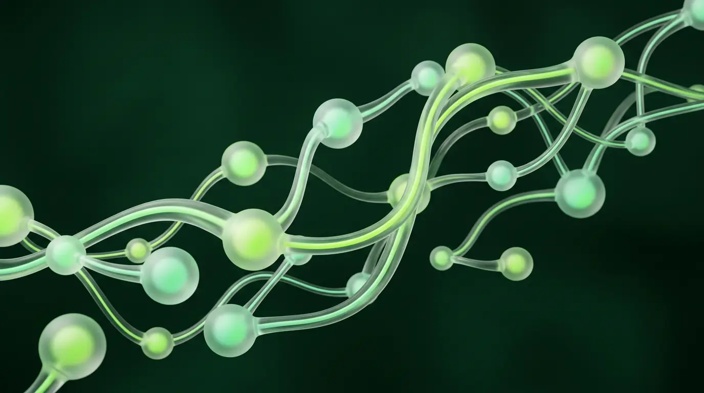 Nœuds de verre translucide reliés par des tubes fluides, illustration abstraite d'un workflow automatisé
