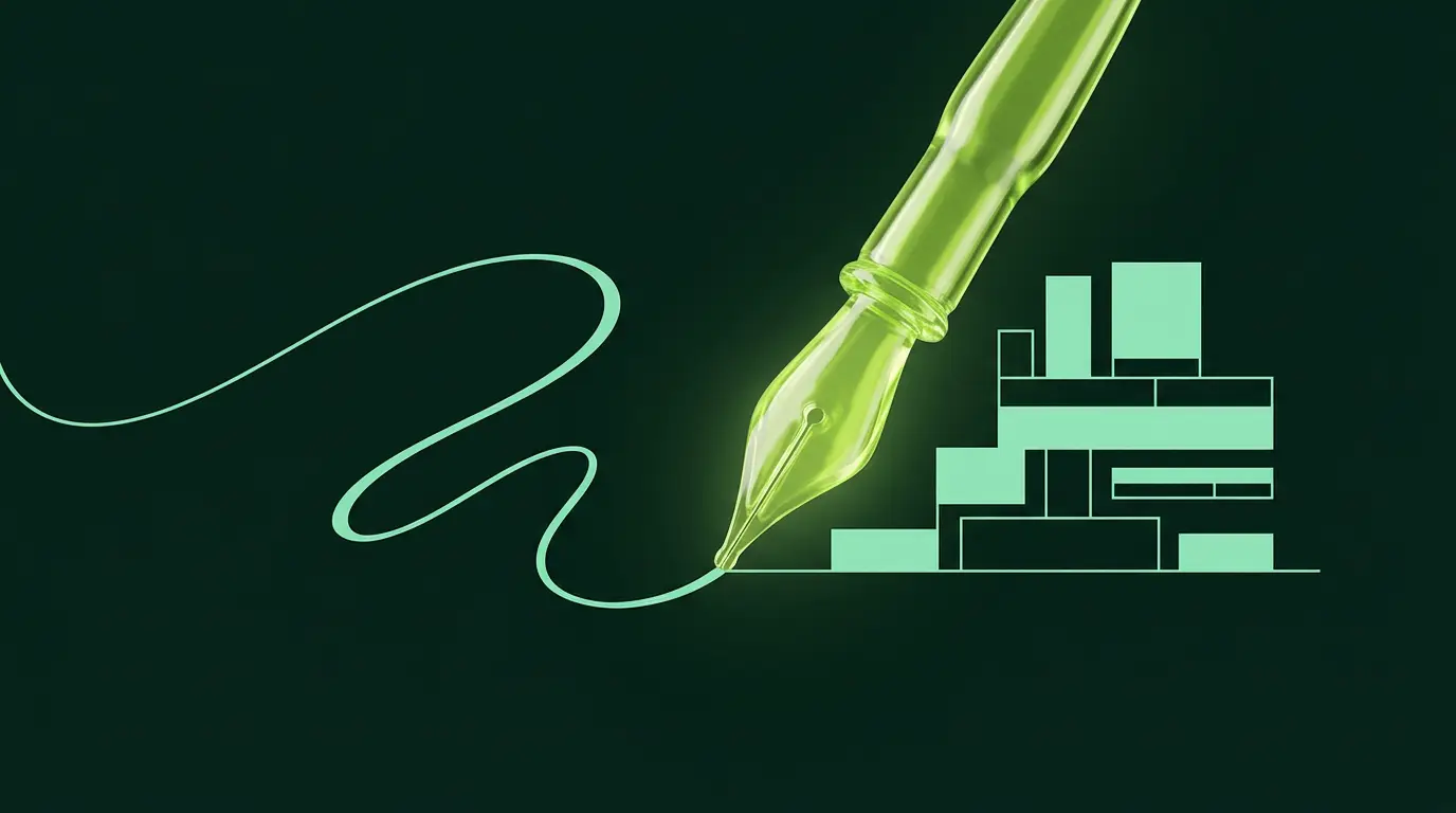 Illustration abstraite d'une plume de verre traçant une ligne qui se structure en blocs, image d'une tâche décrite puis exécutée étape par étape