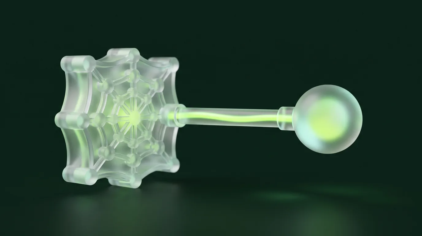 Une grille de verre translucide reliée à une sphère par un tube éclairé en vert lime, illustration abstraite d'un crawl branché sur un modèle d'IA