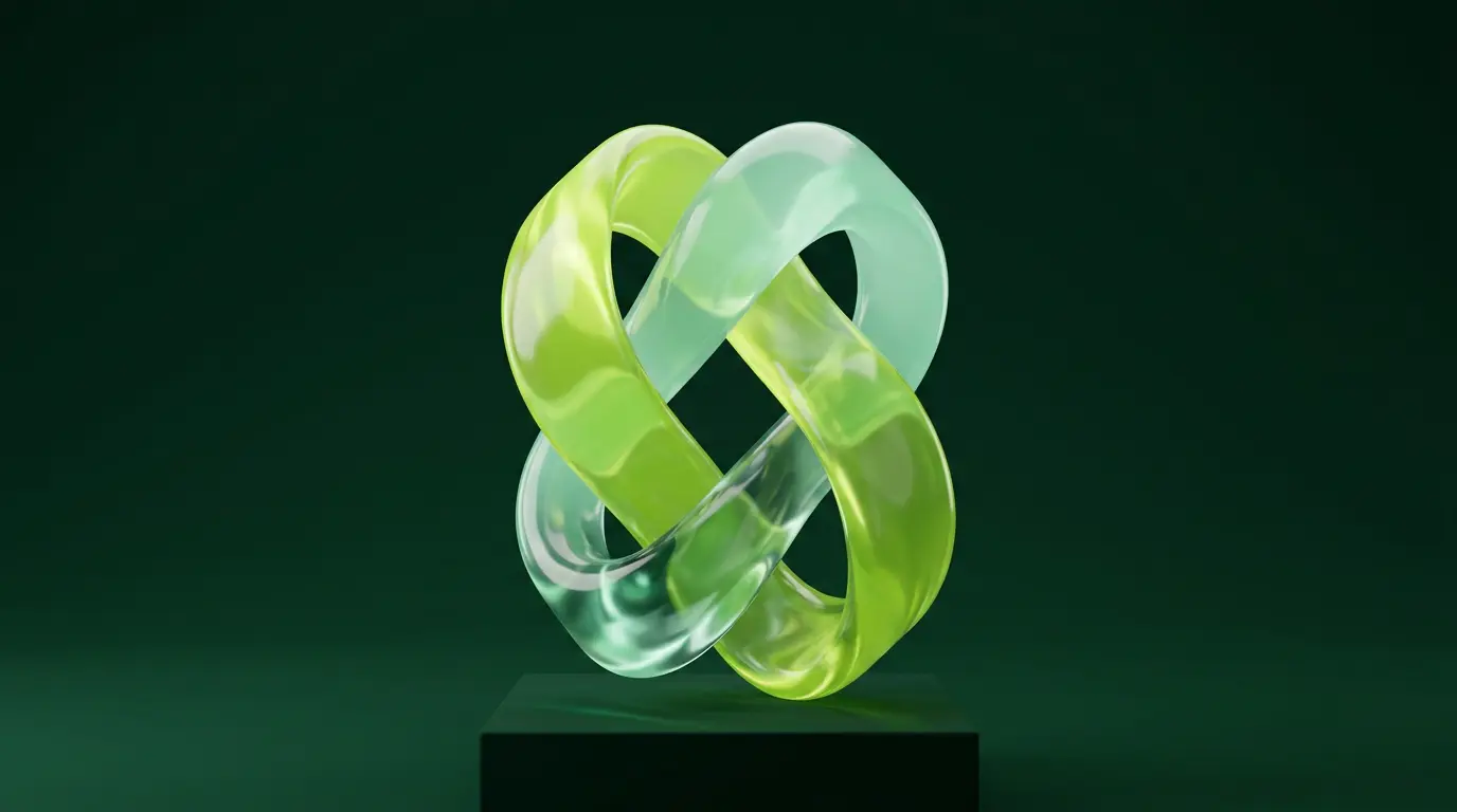 Deux formes de verre translucide qui s'entrelacent en une seule, illustration abstraite de la fusion entre SEO et intelligence artificielle