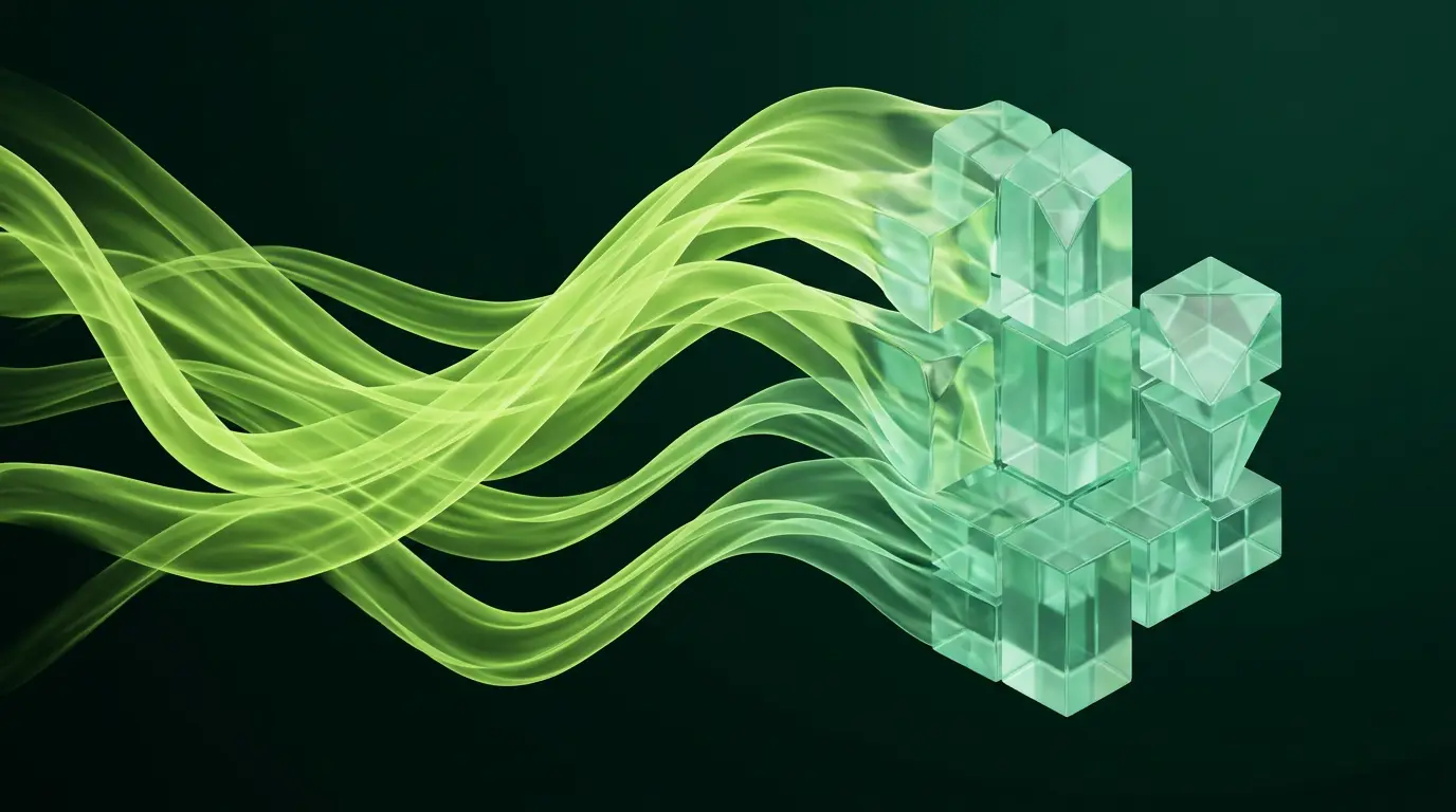 Illustration abstraite de rubans de lumière se cristallisant en blocs, image du vibe coding